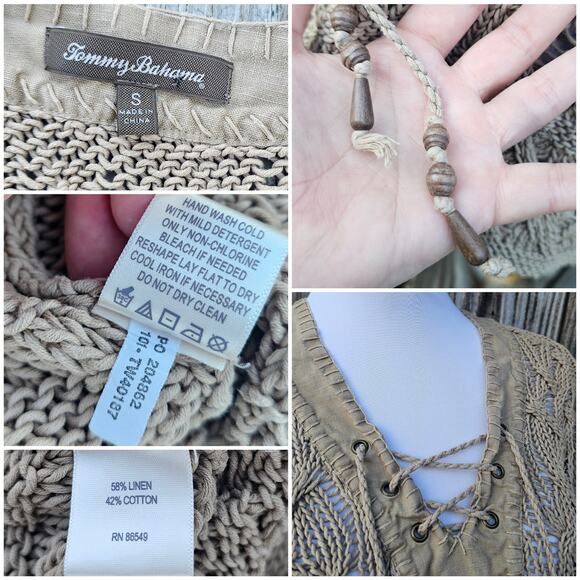 Loose Knit Linen Blend Sweater Tommy Bahama Size S Vneck Beaded Tie Solid Tan - Picture 4 of 9